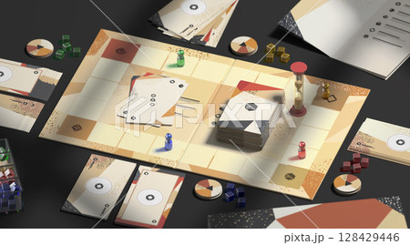 Colored board game field with chips, dice and cards mockup 128429446
