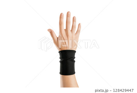 Blank black sport wristband on hand mockup, ai generated 128429447