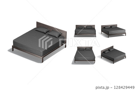 Blank wooden double bed with black bedding mockup, different views 128429449