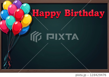 Colorful balloons and Happy Birthday on chalkboard. 128429476