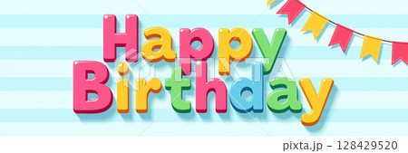 Colorful Happy Birthday text with flags on light blue stripes. 128429520