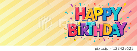 Colorful Happy Birthday text on diagonal striped background with confetti. 128429523