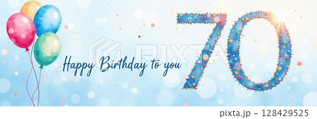 Colorful balloons and 70 with confetti on blue background. 128429525