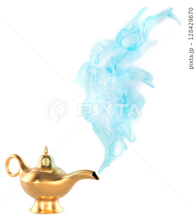 Aladdin magic lamp with swirling blue smoke coming out of spout. 3D rendering 128429670