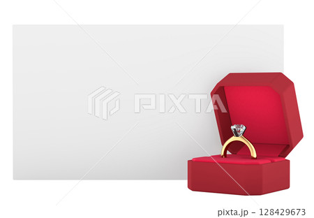 Blank white card with diamond engagement ring in red box. 3D rendering 128429673