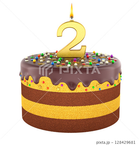 Layered birthday cake with chocolate glaze with burning gold number 2 candle. 3D rendering 128429681