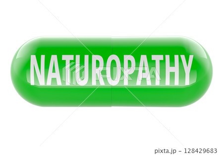 Naturopathy, green capsule with text. 3D rendering 128429683