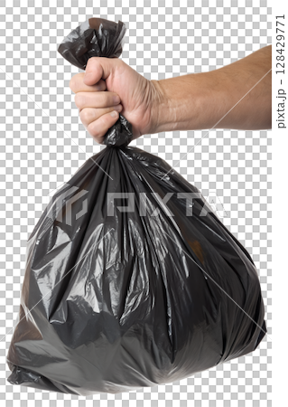 Hand gripping full black garbage bag isolated on transparent background, waste management concept Hand gripping full black garbage bag isolated on transparent background, waste management concept 128429771