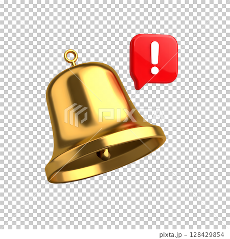 Golden bell notification alert 3d render isolated, shiny metal chime for app ui or announcement graphic 128429854