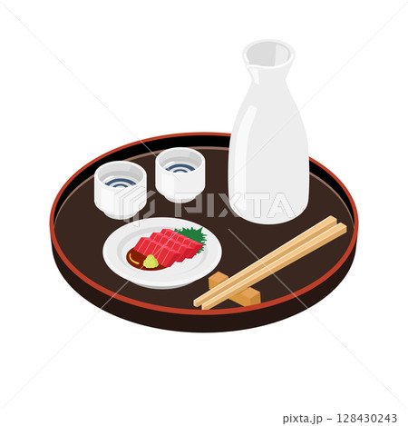 和風丸盆の上の徳利とおちょこ二個、マグロ刺身小皿のセット（フラットアイソメトリックイラスト） 128430243