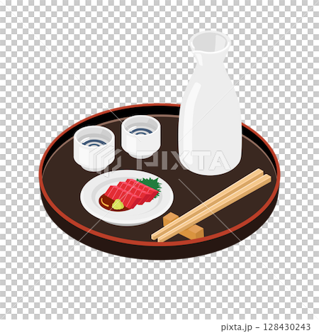 和風丸盆の上の徳利とおちょこ二個、マグロ刺身小皿のセット（フラットアイソメトリックイラスト） 128430243