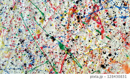 Large abstract splatter painting with multicolored paint drips and black ink spots on crumpled white canvas 128430831