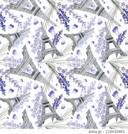 Seamless purple pattern with the Eiffel Tower and lavender flowers. Hand-drawn watercolor illustrations. Beautiful pattern for clothing textiles, wrapping paper, tablecloths, curtains, etc. 128430961