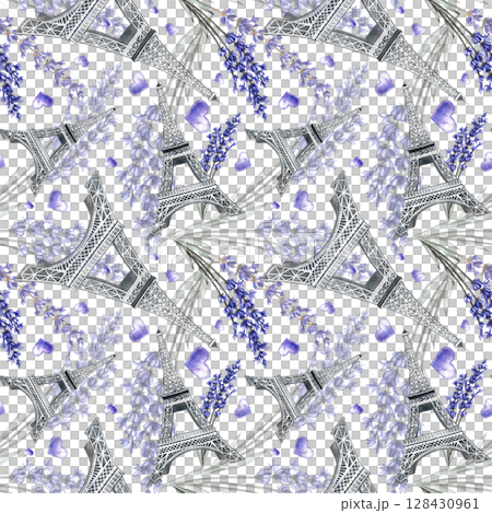 Seamless purple pattern with the Eiffel Tower and lavender flowers. Hand-drawn watercolor illustrations. Beautiful pattern for clothing textiles, wrapping paper, tablecloths, curtains, etc. 128430961