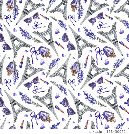 Seamless purple pattern depicting French fashion and beauty. Hand-drawn watercolor illustrations. Perfumes, sunglasses, lavender flowers, and the Eiffel Tower. For textiles, wrapping paper, wallpaper. 128430962