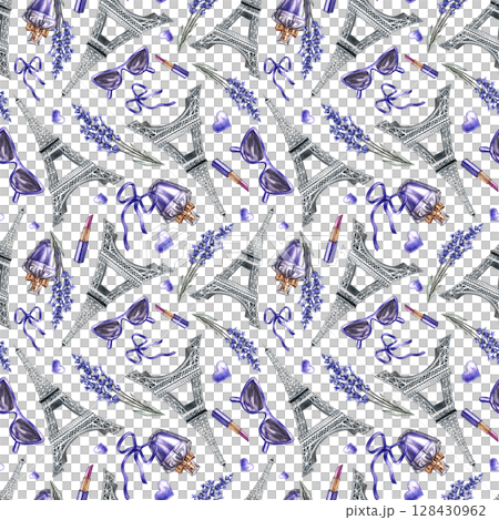 Seamless purple pattern depicting French fashion and beauty. Hand-drawn watercolor illustrations. Perfumes, sunglasses, lavender flowers, and the Eiffel Tower. For textiles, wrapping paper, wallpaper. 128430962