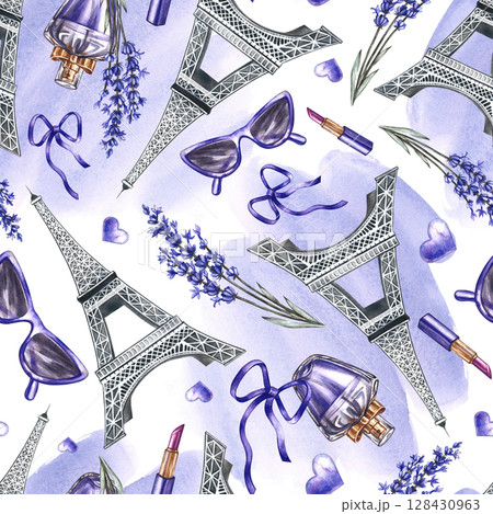 Seamless purple pattern depicting French fashion and beauty. Hand-drawn watercolor illustrations. Perfumes, sunglasses, lavender flowers, and the Eiffel Tower. For textiles, wrapping paper, wallpaper. 128430963