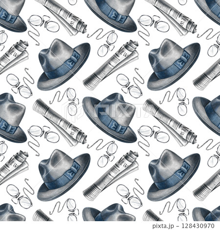 Seamless pattern of men's hats, newspaper rolls, and optical glasses. Hand-drawn watercolor illustration. Perfect for textiles, wrapping paper, packaging, holiday decor, and more. Seamless pattern of men's hats, newspaper rolls, and optical glasses. Hand-drawn watercolor illustration. Perfect for textiles, wrapping paper, packaging, holiday decor, and more. 128430970