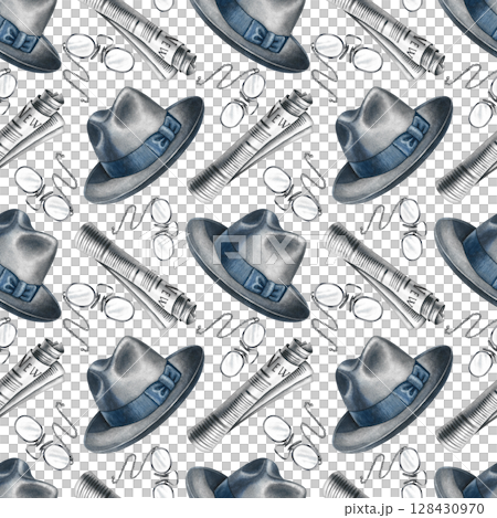 Seamless pattern of men's hats, newspaper rolls, and optical glasses. Hand-drawn watercolor illustration. Perfect for textiles, wrapping paper, packaging, holiday decor, and more. 128430970
