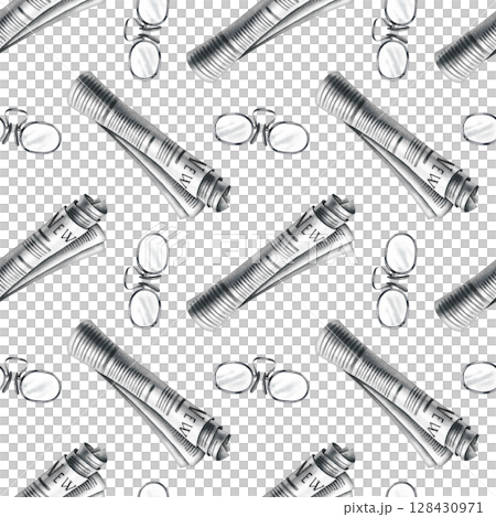 Seamless pattern made from newspaper rolls and optical glasses. Hand-drawn watercolor illustration. Perfect for textiles, wrapping paper and packaging, printing house decor and more. 128430971