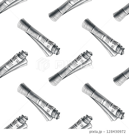 Seamless pattern from newspaper rolls. Hand-drawn watercolor illustration. Perfect for textiles, wrapping paper and packaging, printing house decor and more. 128430972