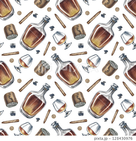 Seamless pattern on a men's theme, with cognac, wallets and cigars. Hand-drawn watercolor illustration. Great for textiles, wrapping paper and packaging, for decor of bars and pubs and much more. 128430976