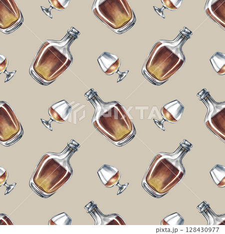 Seamless pattern with cognac, bottles, and wine glasses. Hand-drawn watercolor illustration. Suitable for bar and pub decor. For textiles, wallpapers. For wrapping paper and packaging, and more. Seamless pattern with cognac, bottles, and wine glasses. Hand-drawn watercolor illustration. Suitable for bar and pub decor. For textiles, wallpapers. For wrapping paper and packaging, and more. 128430977