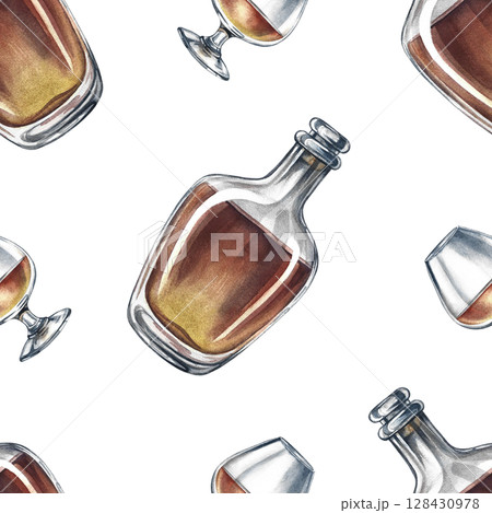 Seamless pattern with cognac, bottles, and wine glasses. Hand-drawn watercolor illustration. Suitable for bar and pub decor. For textiles, wallpapers. For wrapping paper and packaging, and more. 128430978