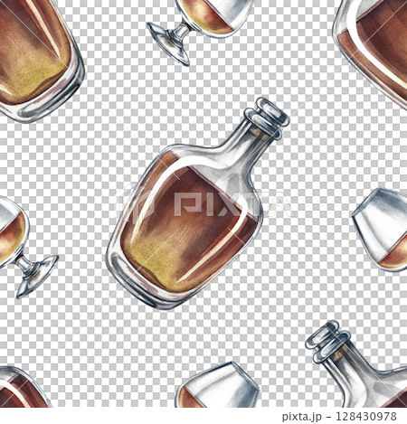 Seamless pattern with cognac, bottles, and wine glasses. Hand-drawn watercolor illustration. Suitable for bar and pub decor. For textiles, wallpapers. For wrapping paper and packaging, and more. 128430978