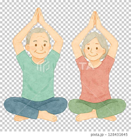 老年夫婦瑜珈伸展水彩畫 128431645