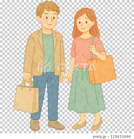 一對年輕夫婦享受購物的水彩畫 一對年輕夫婦享受購物的水彩畫 128431646