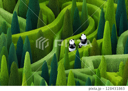 迷路の森とパンダの3D素材 128431863