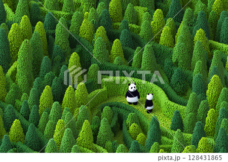 迷路の森とパンダの3D素材 128431865
