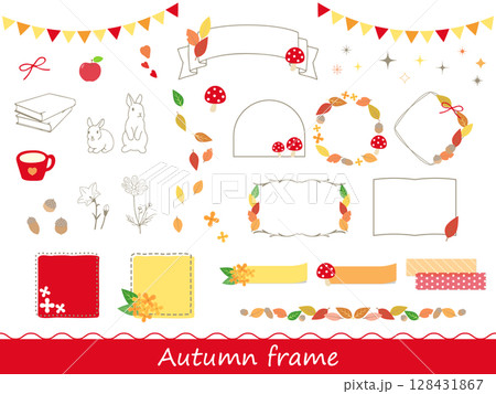 秋のモチーフがかわいい手描きのあしらいやフレームのイラスト素材セット 128431867