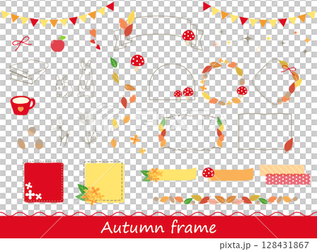 秋のモチーフがかわいい手描きのあしらいやフレームのイラスト素材セット 128431867