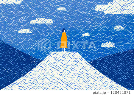 富士山と人物のアート的イラスト素材 128431871