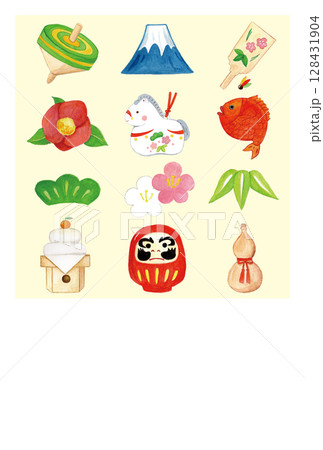 手描き水彩の縁起物とうまの土鈴の年賀状イラスト 128431904