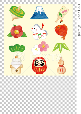 手描き水彩の縁起物とうまの土鈴の年賀状イラスト 128431904