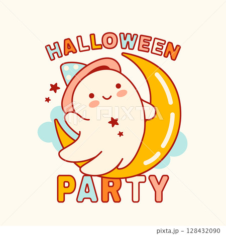 Bright Halloween illustration with a glowing moon, friendly ghosts, and a quirky quote. Great for posters, stickers, or themed party supplies in eye-catching colors Bright Halloween illustration with a glowing moon, friendly ghosts, and a quirky quote. Great for posters, stickers, or themed party supplies in eye-catching colors 128432090