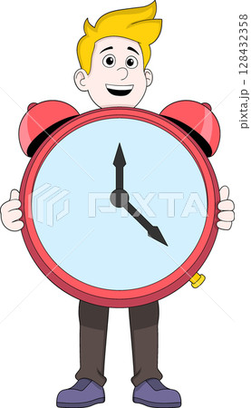 Cartoon Man Holding Big Red Alarm Clock Illustration 128432358