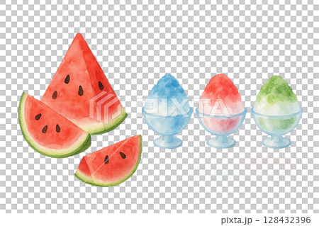 夏のスイカとかき氷の水彩イラスト 128432396
