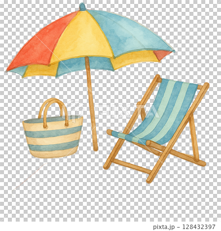 ビーチパラソルとデッキチェアの夏リゾートイラスト 128432397
