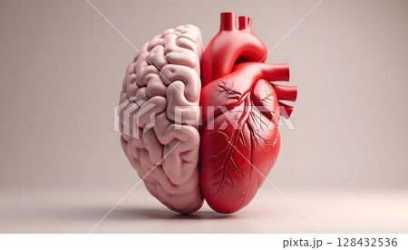 3D brain and heart merged as one symbolizing harmony between logic and emotion 128432536