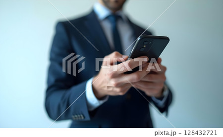 Businessman in dark suit using smartphone in bright studio with light gradient background Businessman in dark suit using smartphone in bright studio with light gradient background 128432721