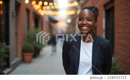 Confident Black woman smiling on lit street in blazer and casual shirt at dusk Confident Black woman smiling on lit street in blazer and casual shirt at dusk 128432725