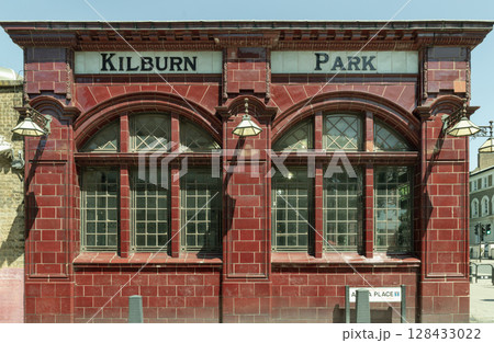 A distinctive British Art Nouveau architecture of Kilburn Park Underground Station within the London Borough of Brent. A distinctive British Art Nouveau architecture of Kilburn Park Underground Station within the London Borough of Brent. 128433022