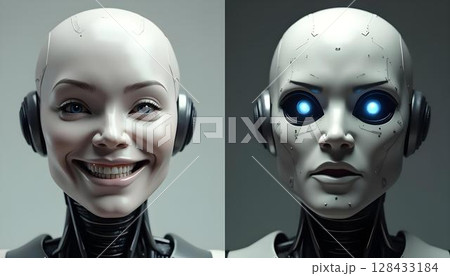 Cheerful vs emotionless female robot side by...のイラスト素材 [128433184] - PIXTA
