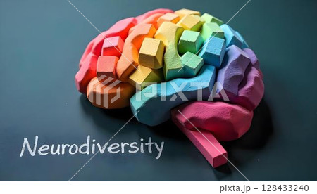 Textured Rainbow Brain Sculpture Made of Pastel Blocks with Neurodiversity Chalk Text on Black Surface 128433240