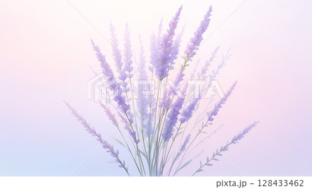 パステルカラーの背景に浮かぶラベンダーの花束アート 128433462