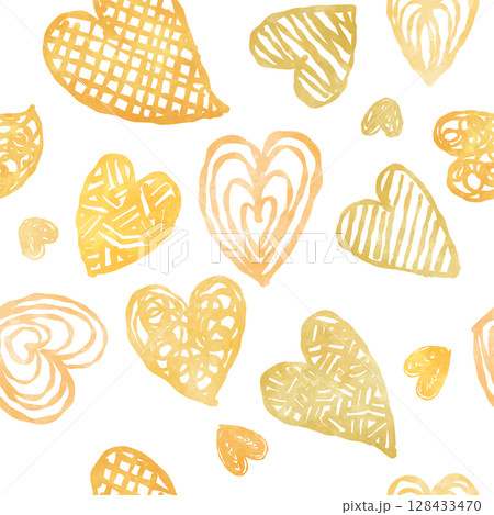 手描き風・ハートのシームレスパターン(黄色) 128433470